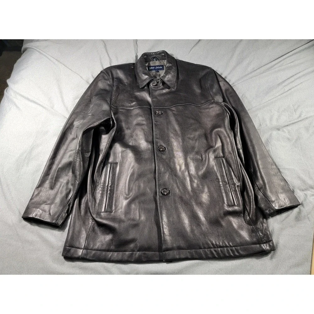 J. Park Collection Men's Large Black Soft Lambskin Leather Full‎ Zip and Button